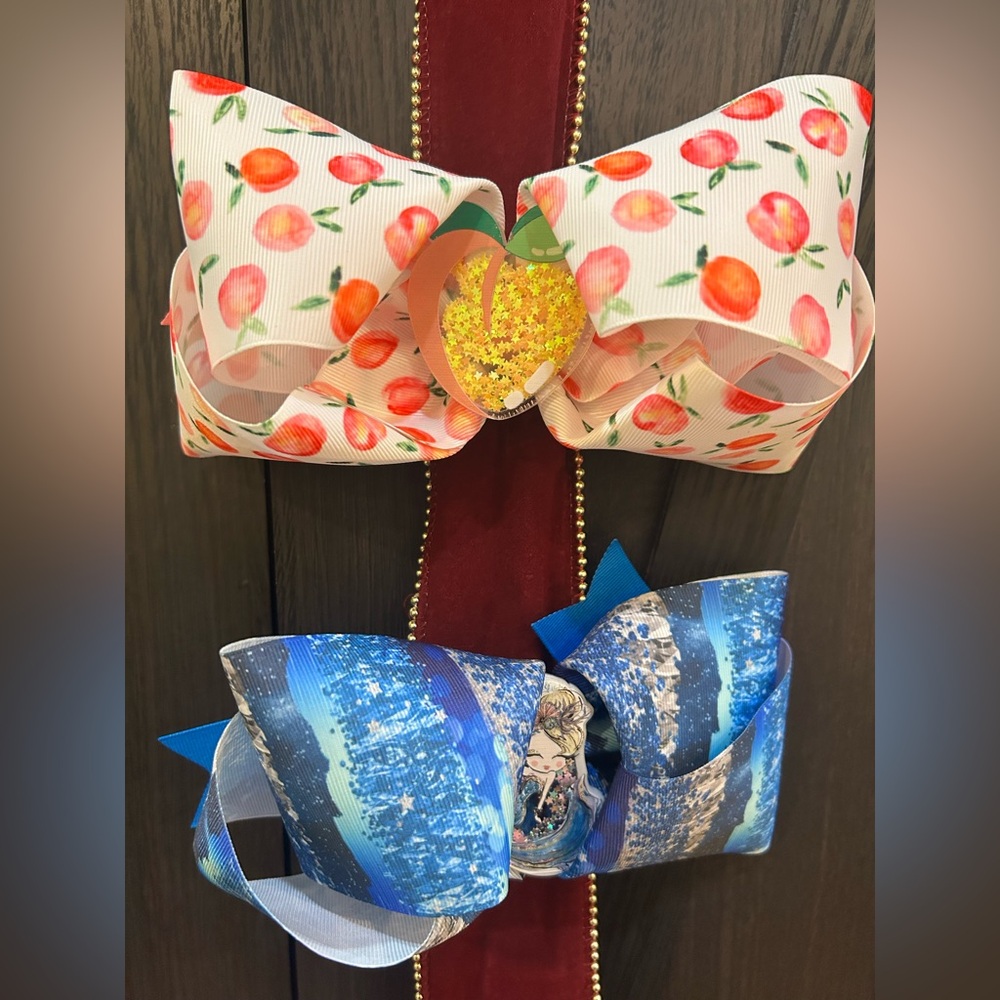Peach Print Ribbon Hair Bow | Blue Glitter Ocean Bow